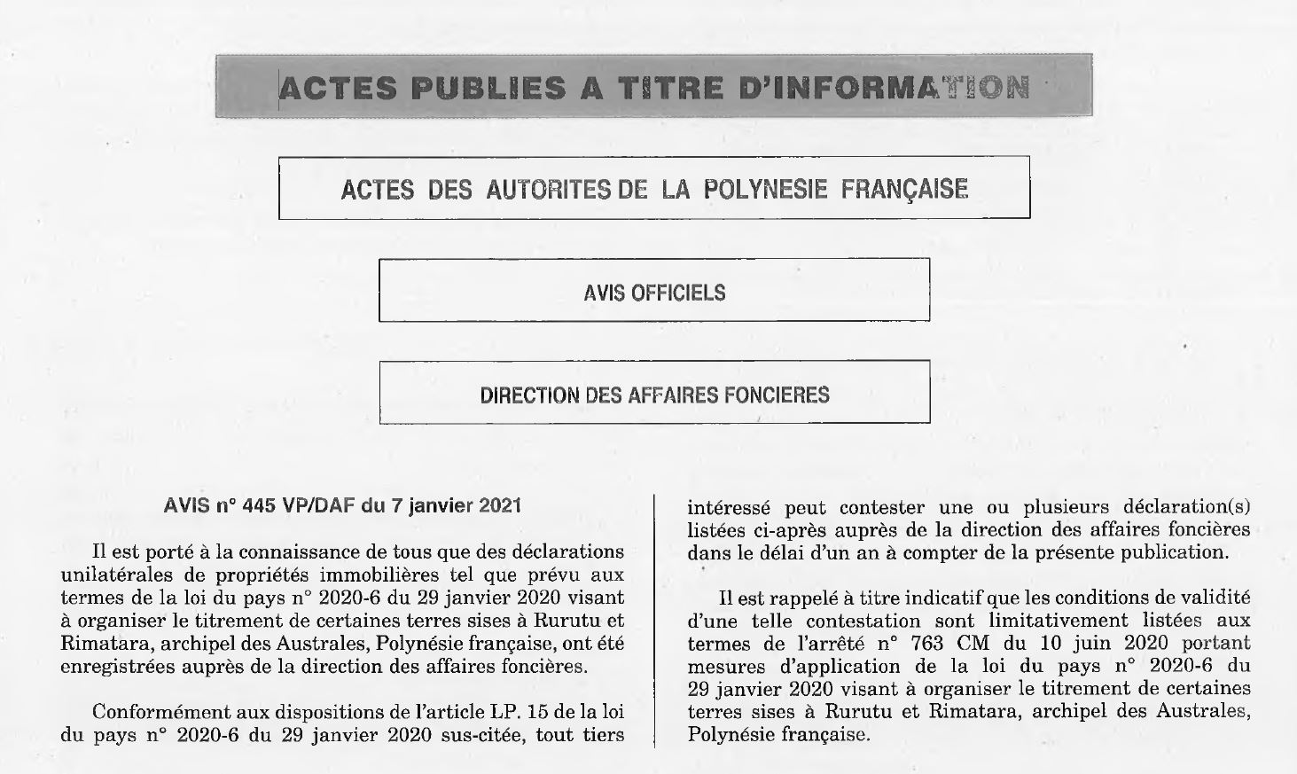 AVIS N°445 VP/DAF (7 janvier 2021)
