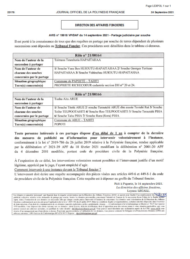 PARTAGE JUDICIAIRE PAR SOUCHE AVIS N°19 18 DU 14/09/2021