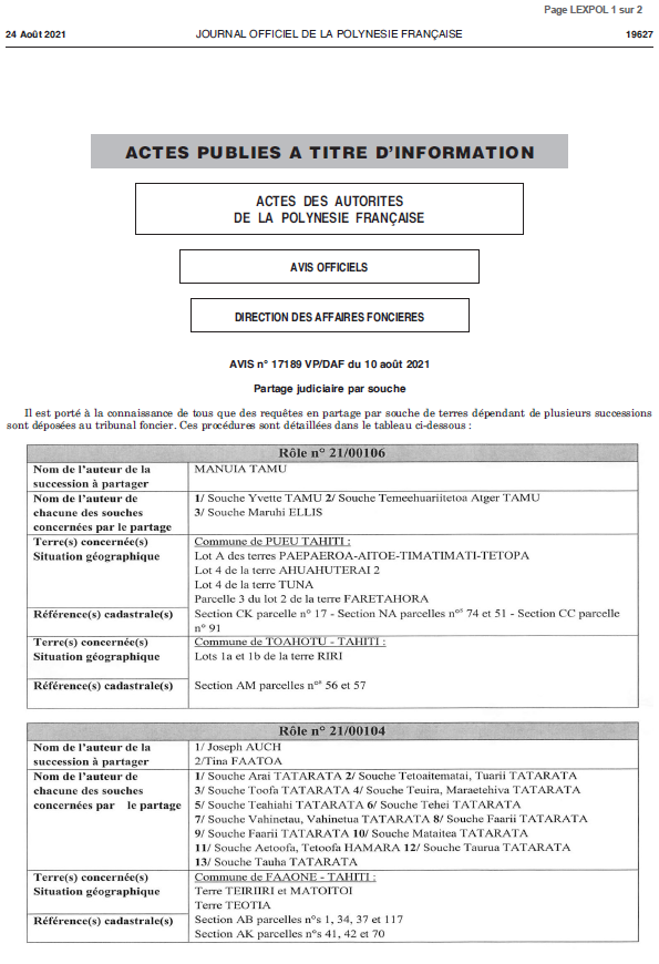 PARTAGE JUDICIAIRE PAR SOUCHE N°17 189 - 17 314 DU 10/08/2021