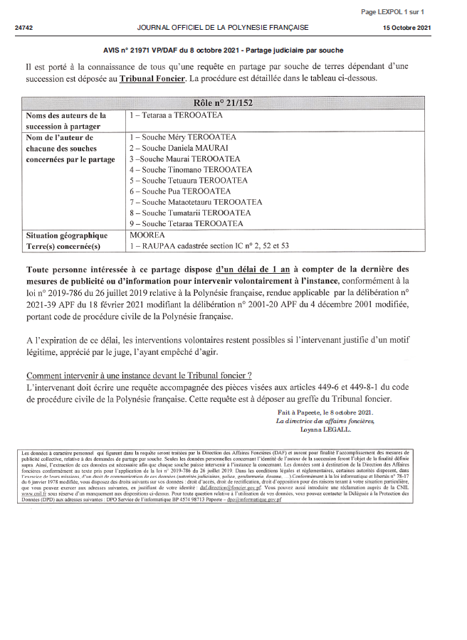 PARTAGE JUDICIAIRE PAR SOUCHE AVIS N°21 971 - 21 967 DU 08/10/2021