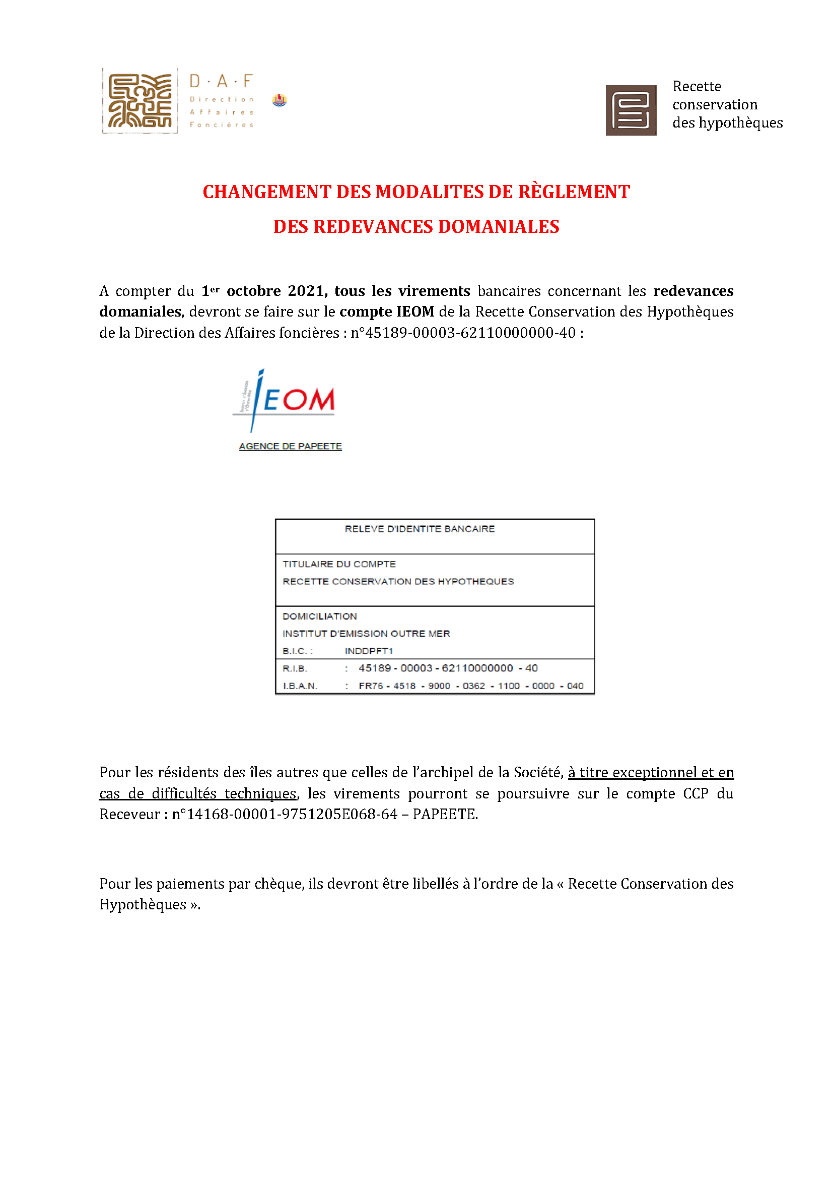 CHANGEMENT DES MODALITÉS DE RÈGLEMENT DES REDEVANCES DOMANIALES