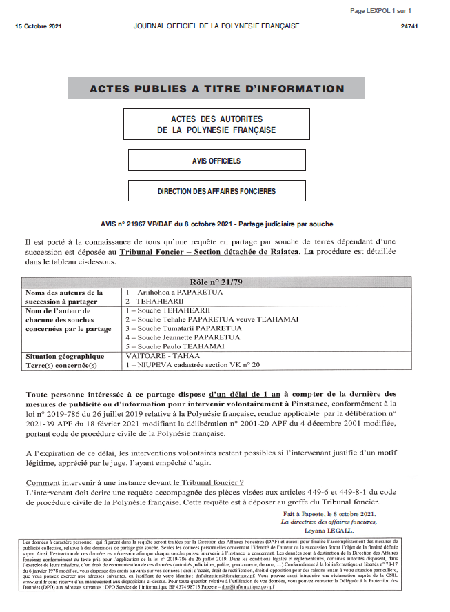 PARTAGE JUDICIAIRE PAR SOUCHE AVIS N°21 967 DU 08/10/2021