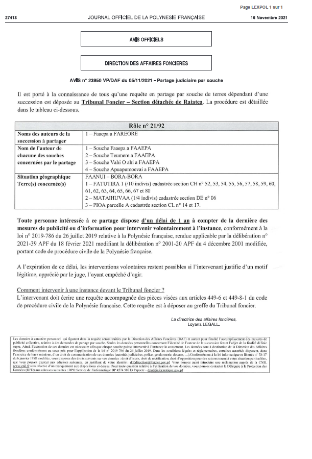 PARTAGE JUDICIAIRE PAR SOUCHE AVIS N°23 950 DU 05/11/2021