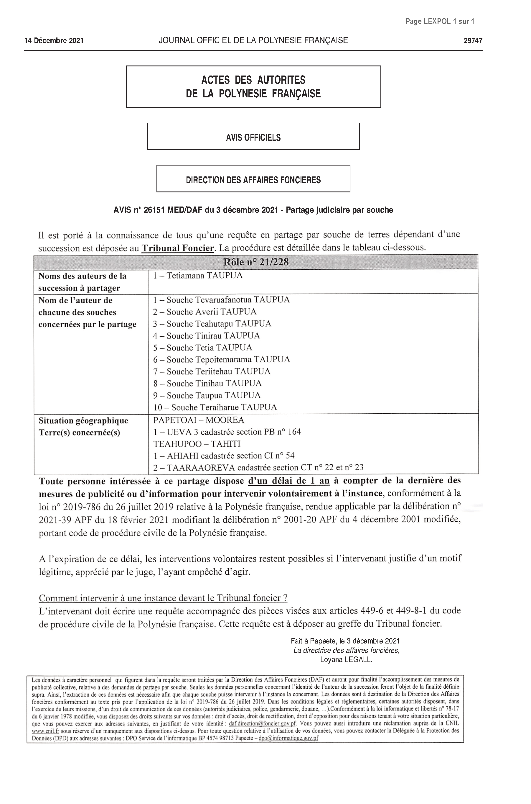 PARTAGE JUDICIAIRE PAR SOUCHE AVIS N°26 151 - 26 331 - 26 451 DU 03/12/2021 AU 21/12/2021