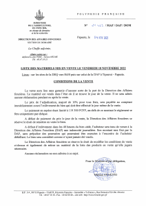 Liste des matériels mis en vente le vendredi 18 novembre 2022