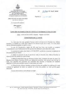 Liste des matériels mis en vente le vendredi 21 juillet 2023