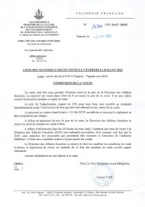 Liste des matériels mis en vente le vendredi 21 juillet 2023