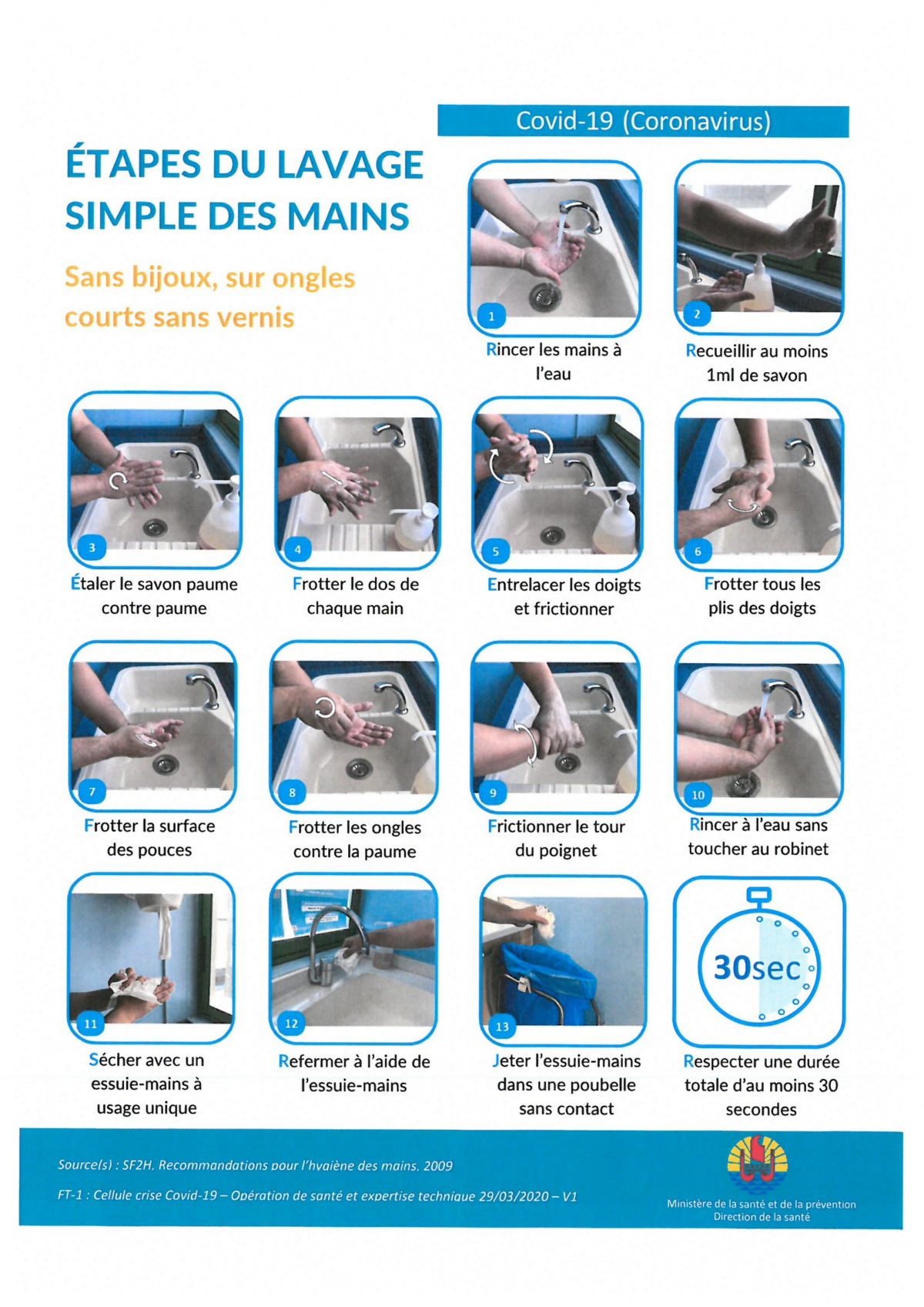 Étape du lavage simple des mains VF et VT Direction de la santé de Polynésie française