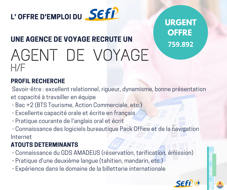 Une offre urgente d'agent de voyage H/F est à pourvoir 